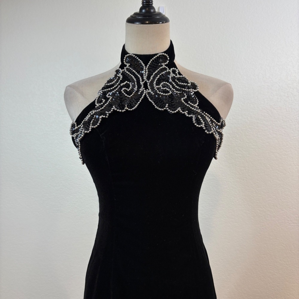 Zum Zum Velvet Maxi Dress Women 3-4 Black Beaded Halter Vintage Gown Whimsigoth - Picture 3 of 9